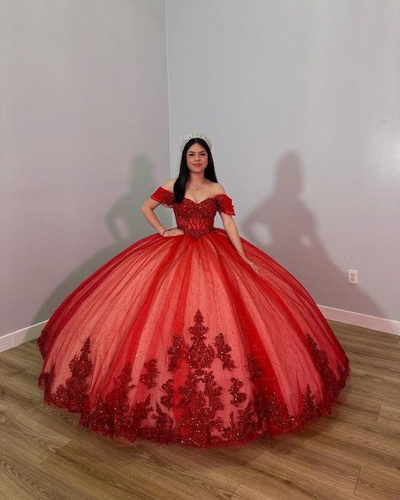 Red Off The Shoulder Ball Gown,Red Sweet 16 Dress,Princess Dress fg562 – formalgowns