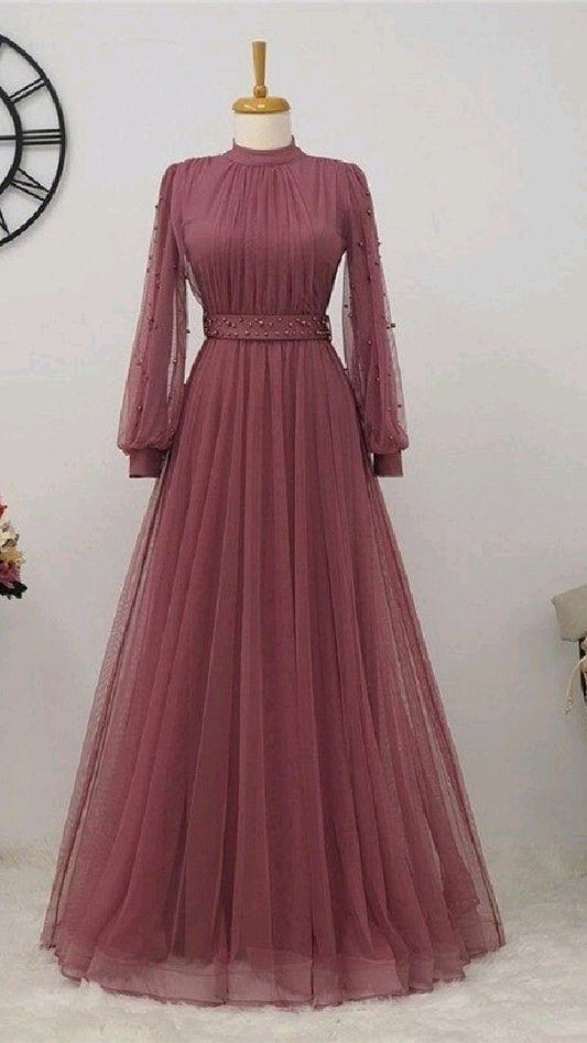 Robes de bal à manches longues, robes de bal trapèze, robes de soirée en tulle, robes de bal sexy, robes de soirée avec perles fg5989