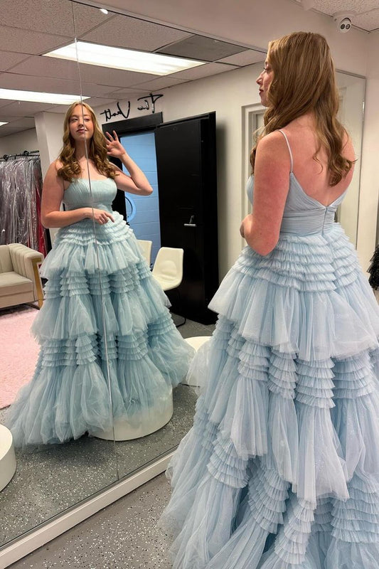 Robe de soirée trapèze à bretelles, tulle et volants fg5411