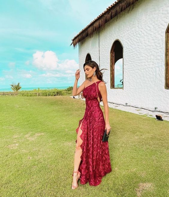 Burgundy Long Evening Dresses for Women One-Shoulder Floor-Length A-Line Elegant Prom Party Gala Special Events Dress fg5941