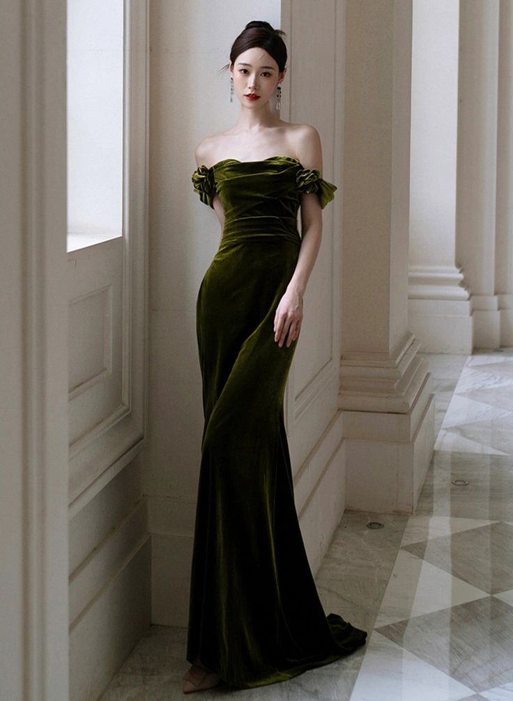 Dark Green Mermaid Velvet Off Shoulder Party Dress, Dark Green Prom Dr formalgowns Dark Green Mermaid Velvet Off Shoulder Party Dress, Dark Green Prom Dr formalgowns