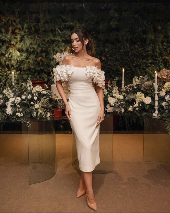 Flower Wedding Dresses Short Sheath Off Shoulder Split Tea Length Brid formalgowns Flower Wedding Dresses Short Sheath Off Shoulder Split Tea Length Brid formalgowns