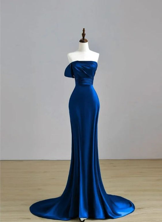 Robe de soirée longue sirène en satin bleu roi, robe de bal bleu roi fg6663