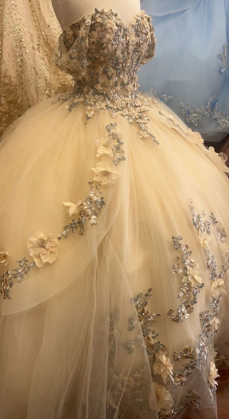 Champagne Quince Dress with Flowers Sweet 16 Dresses Off the Shoulder Ball Gown fg8019
