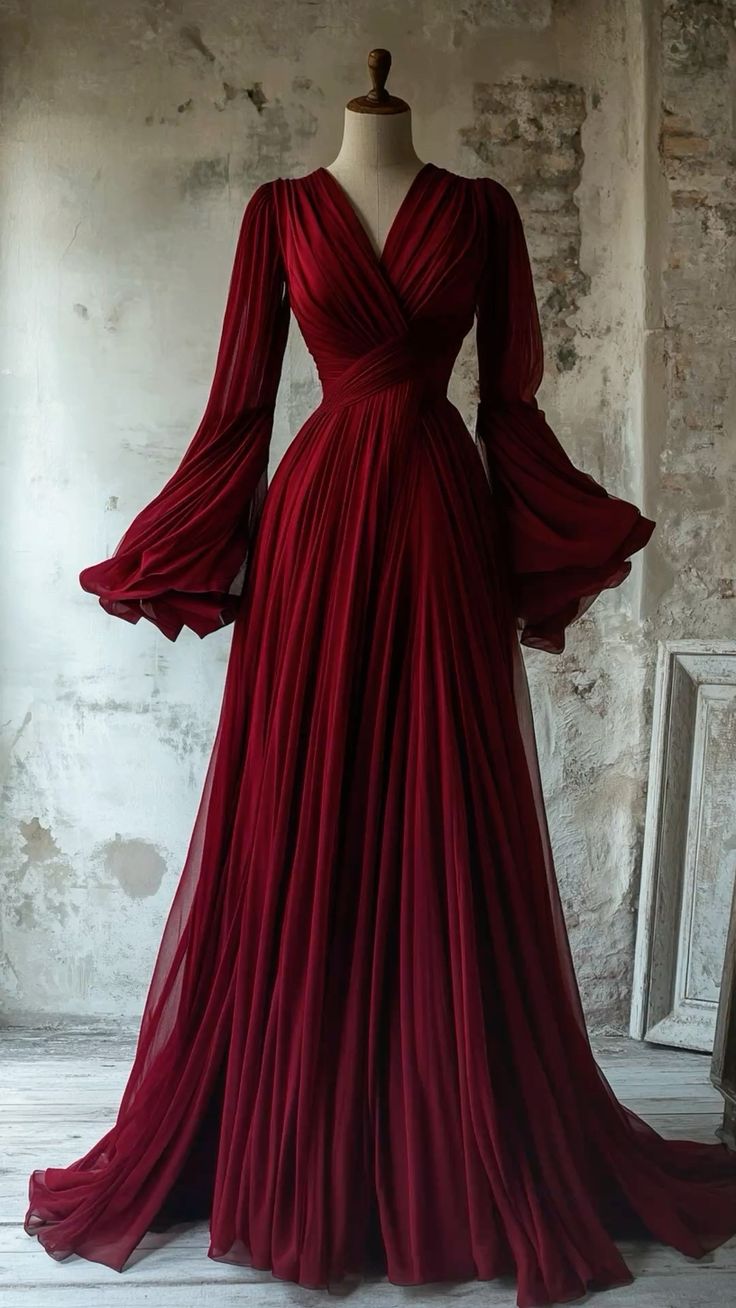 Modest V Neck A-Line Burgundy Chiffon Vintage Long Evening Party Dresses fg7691