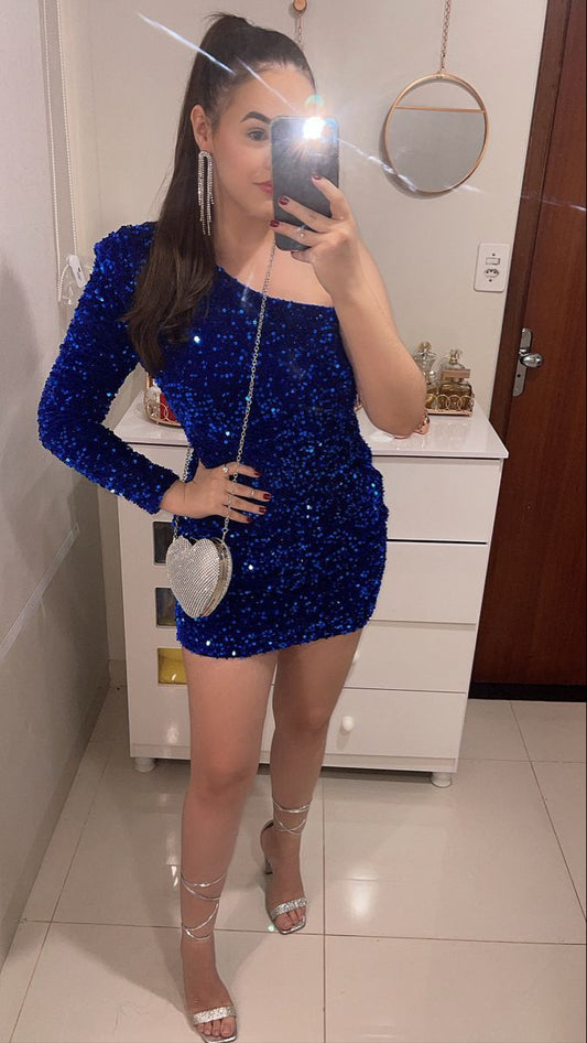Robe de soirée courte moulante à paillettes bleu roi fg6325