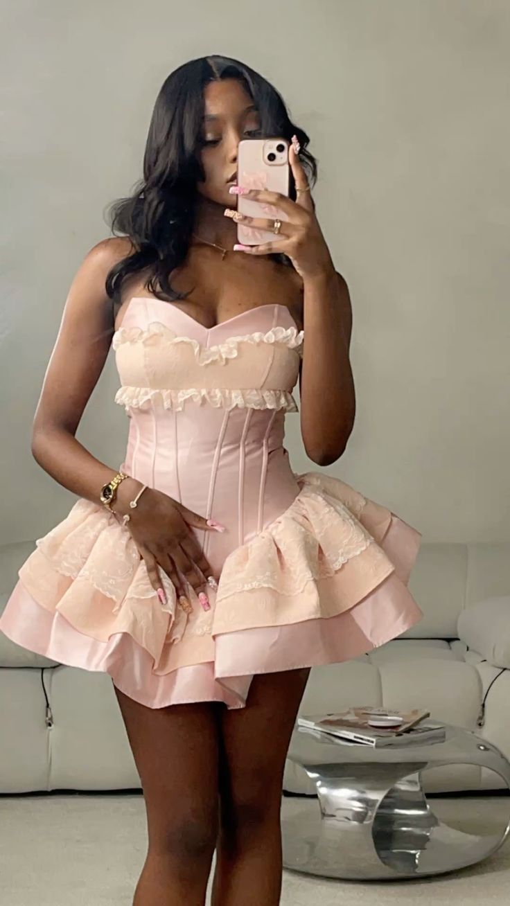 Robe d'anniversaire rose sans bretelles, robe de soirée courte rose fg7713