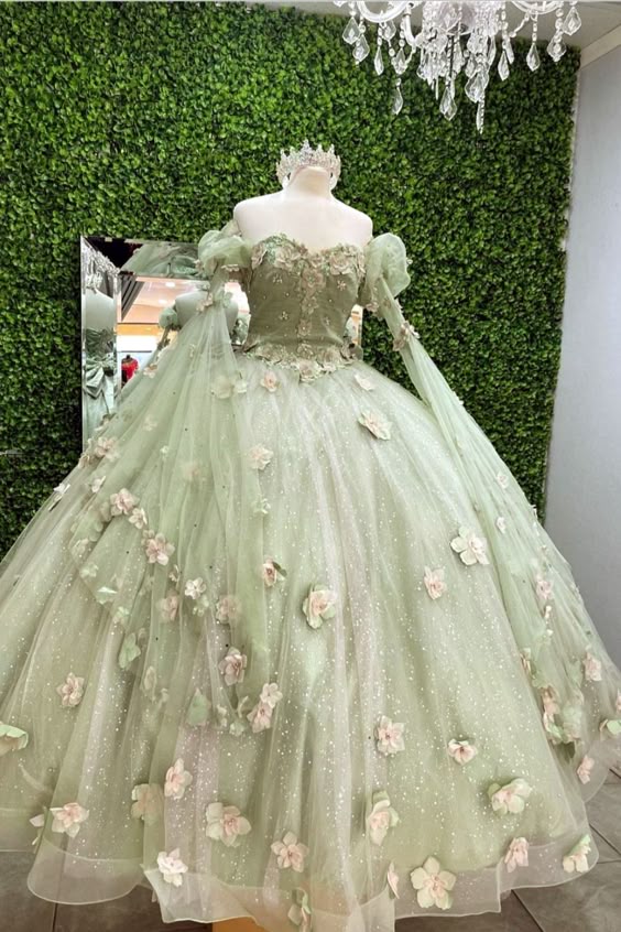 Shiny Light Sage Green Princess Dress with Flowers, Ball Gown Sweet 16 formalgowns Shiny Light Sage Green Princess Dress with Flowers, Ball Gown Sweet 16 formalgowns
