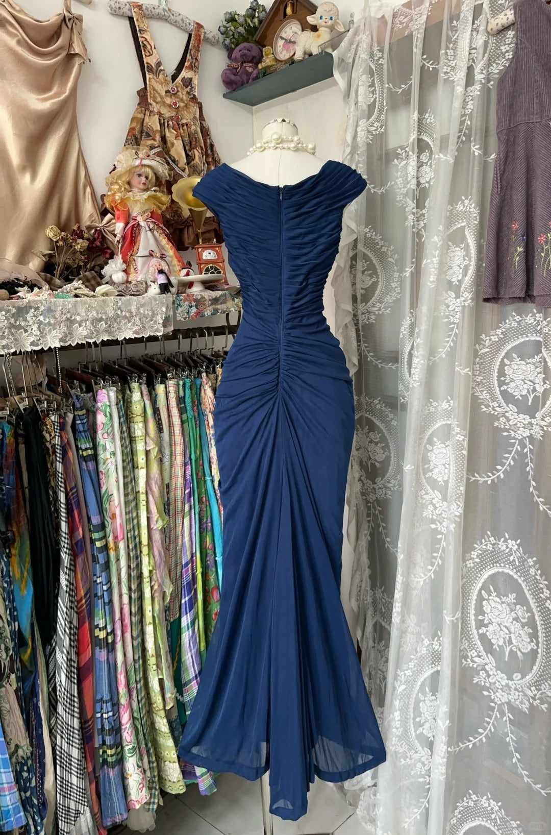 Marineblaues Meerjungfrau-Falten-Vintage-Ballkleid, langes Abendkleid fg8038