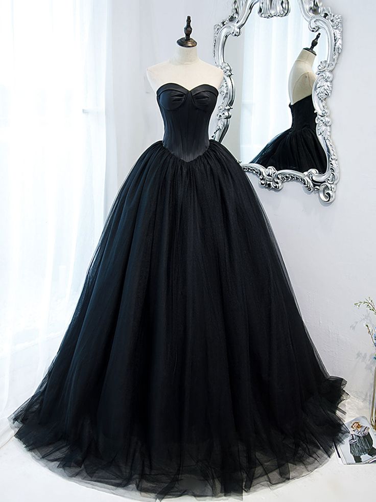 Schwarzes langes Ballkleid aus Tüll mit herzförmigem Ausschnitt, schwarzes formelles Abendkleid fg5446