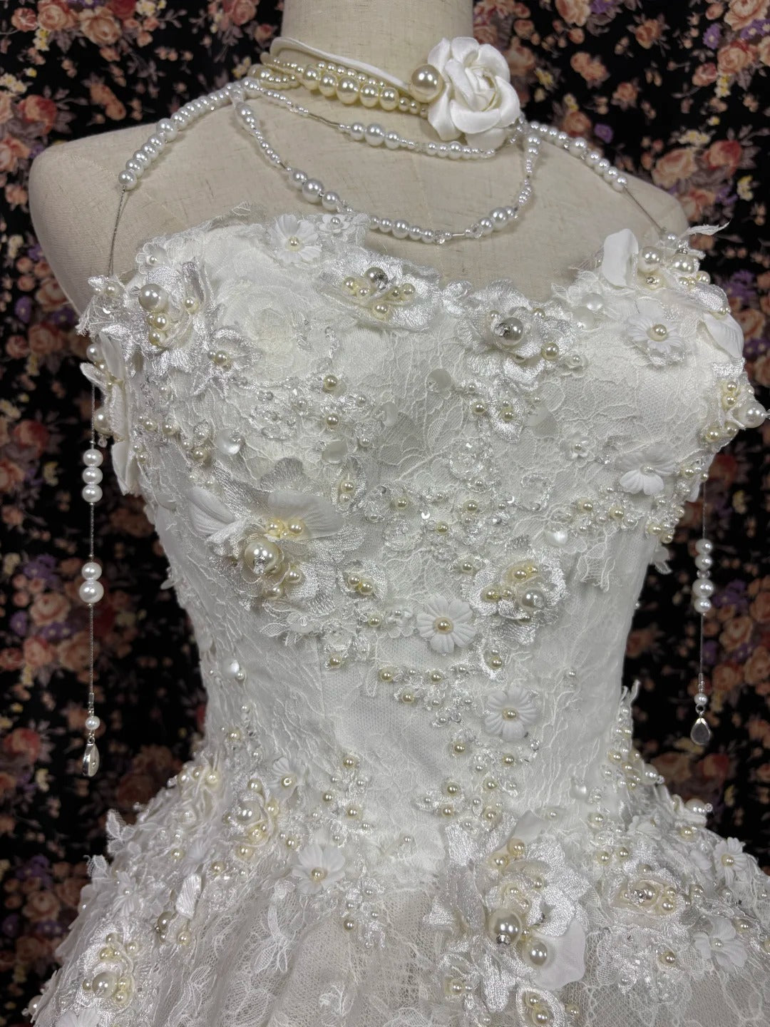 Mermaid Lace Tulle Pearls Long Princess Wedding Dress fg8173
