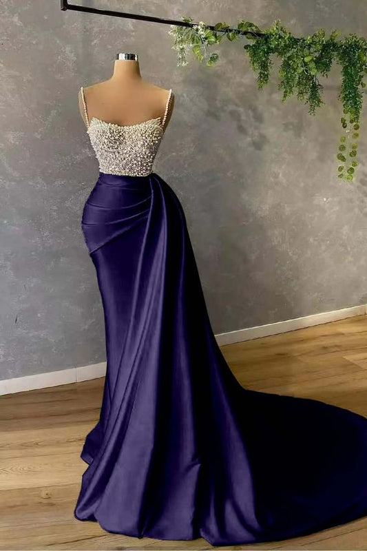 Superbe robe de soirée sirène à bretelles spaghetti et perles fg5869
