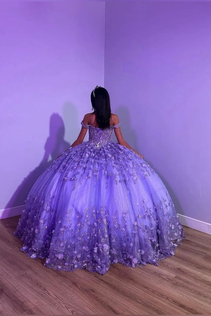 Robe de princesse bouffante violette brillante, épaules dénudées, perles, motif floral 3D, paillettes, lacets, corset, 15 ans, rose, fg5533