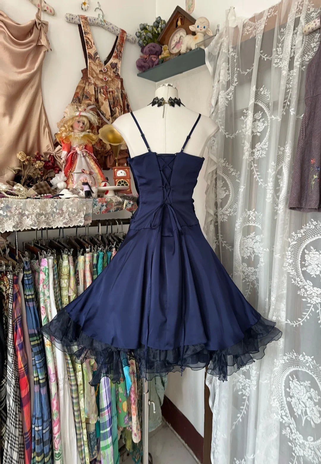 A Line Navy Blue Birthday Outfit Short Evening Dress Vintage Short Party Dress Homecoming Dress fg8035