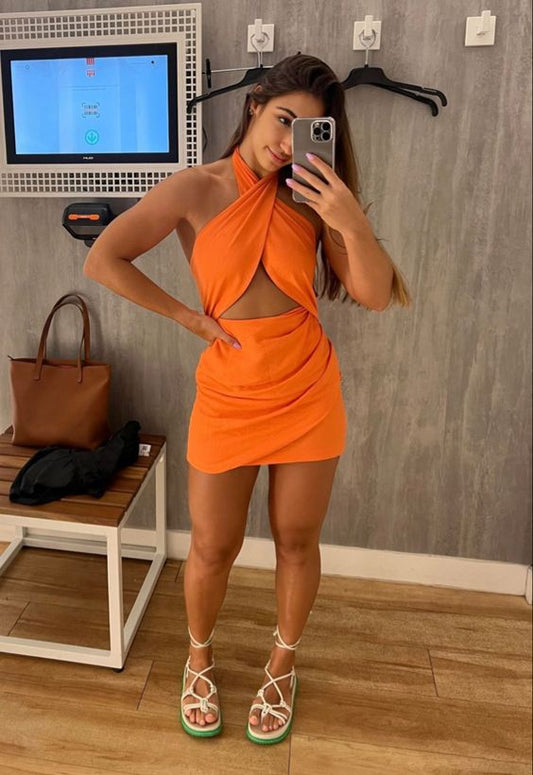 Robe courte orange pour femme, tenue de soirée courte, fg6153