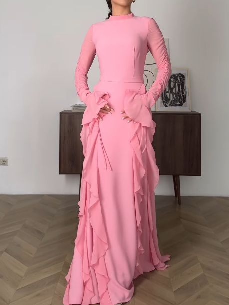 Robe longue décontractée en mousseline à volants pour femme, tenue de soirée fg7442