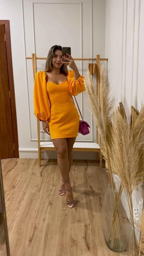 Robe élégante orange à manches bouffantes pour femme, tenue de soirée, fg6323