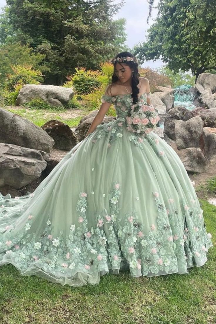 Sage Green Quinceanera Dress Off-Shoulder Applique Lace Beaded Tulle Ball Gown for Sweet 16 & 15 fg8093