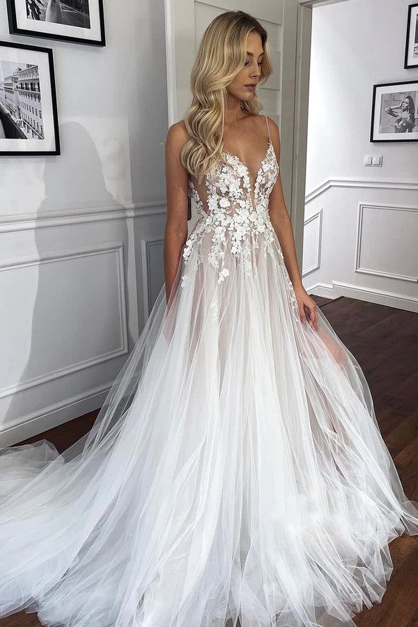 Spaghetti Straps V-Neck Lace Appliques A-line Tulle Rustic Wedding Dre formalgowns Spaghetti Straps V-Neck Lace Appliques A-line Tulle Rustic Wedding Dre formalgowns