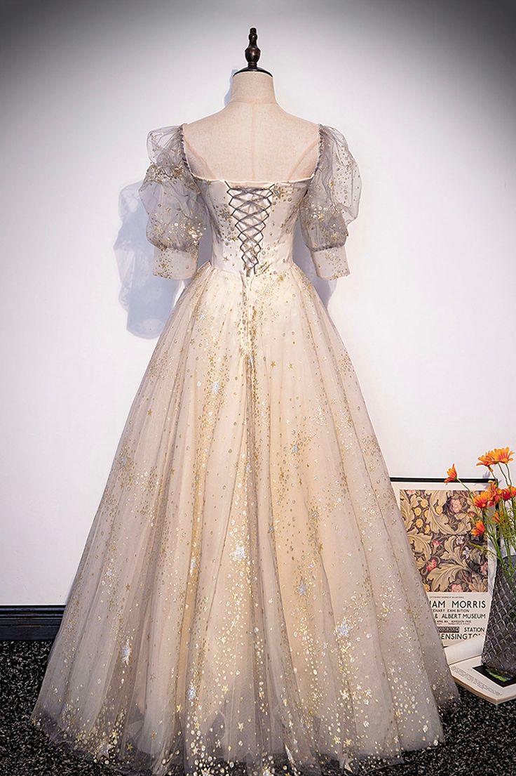Champagner Tüll Pailletten Langes Ballkleid, Süßes 1/2 Ärmel Partykleid fg5450
