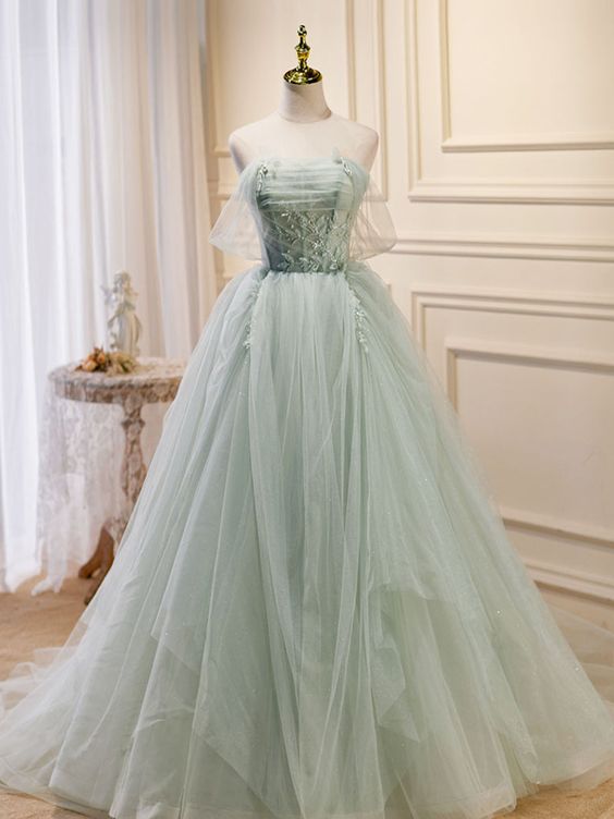 A-Line Off Shoulder Tulle Green Long Prom Dresses, Green Formal Dress formalgowns A-Line Off Shoulder Tulle Green Long Prom Dresses, Green Formal Dress formalgowns