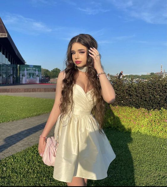 Robe de bal courte ivoire, robe de cocktail, robe de soirée en satin fg6271