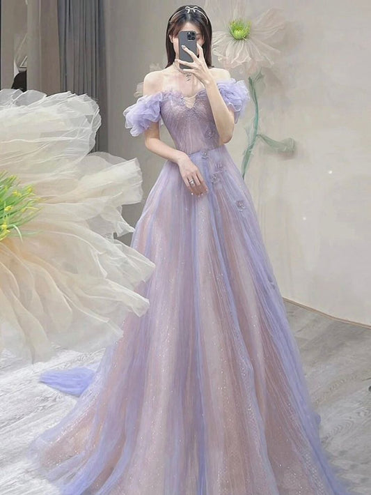 Robe de bal longue en tulle violet à épaules dénudées et coupe trapèze, robe de soirée violette fg5416