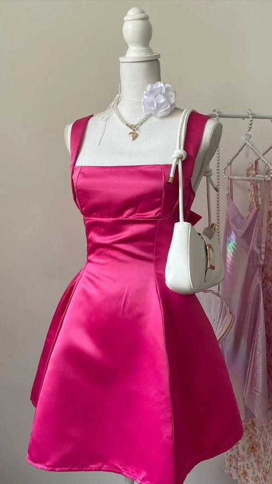 Robe de soirée courte trapèze en satin, col carré, sans manches, avec nœud, fg5891