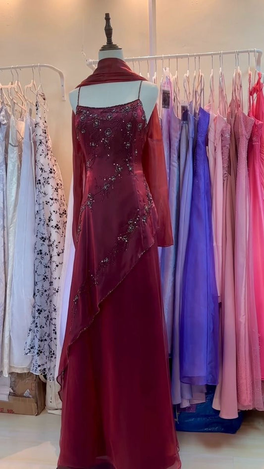Robe de bal bordeaux, robe de soirée, longueur au sol, fg6556