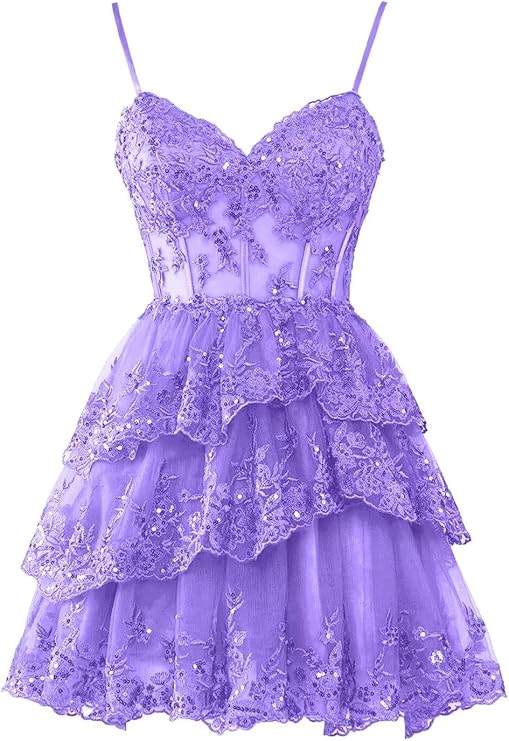 Purple Homecoming Dresses for Teens Tulle Lace Applique Tiered A-line formalgowns Purple Homecoming Dresses for Teens Tulle Lace Applique Tiered A-line formalgowns