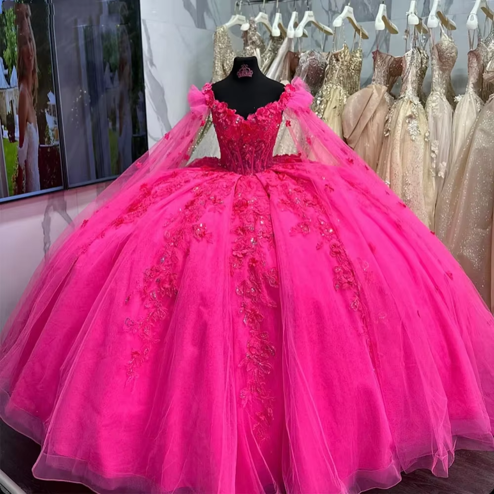 3D Flower Appliques Quinceanera Dresses Luxury Beads Cape Sleeve Prom – formalgowns 3D Flower Appliques Quinceanera Dresses Luxury Beads Cape Sleeve Prom – formalgowns