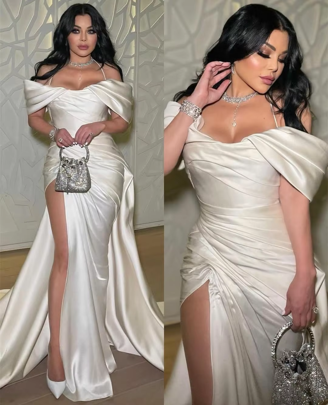 Robe longue plissée en satin vintage pour femme, élégante robe de soirée fg7491