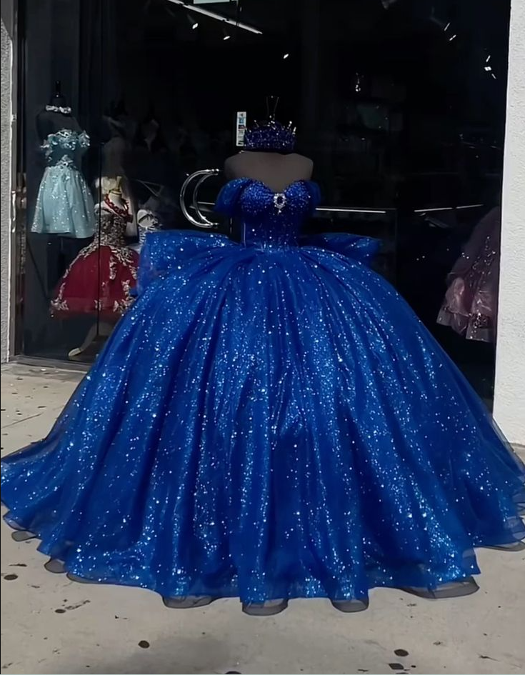 Königsblau Quinceanera Kleider Weg Von der Schulter Shinny Tull Sweet 16 Vestidos fg7510