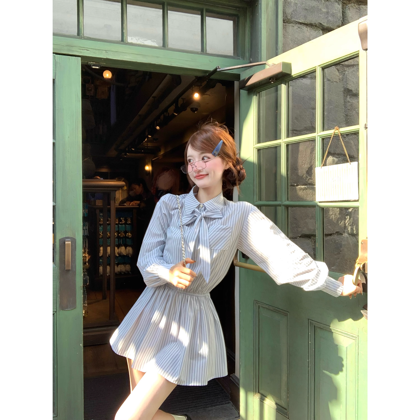 Blue striped long-sleeved shirt dress for women A121