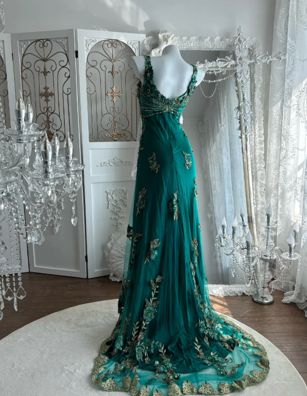 Vintage Green Lace Prom Party Dress Satin Evening Dress fg8643