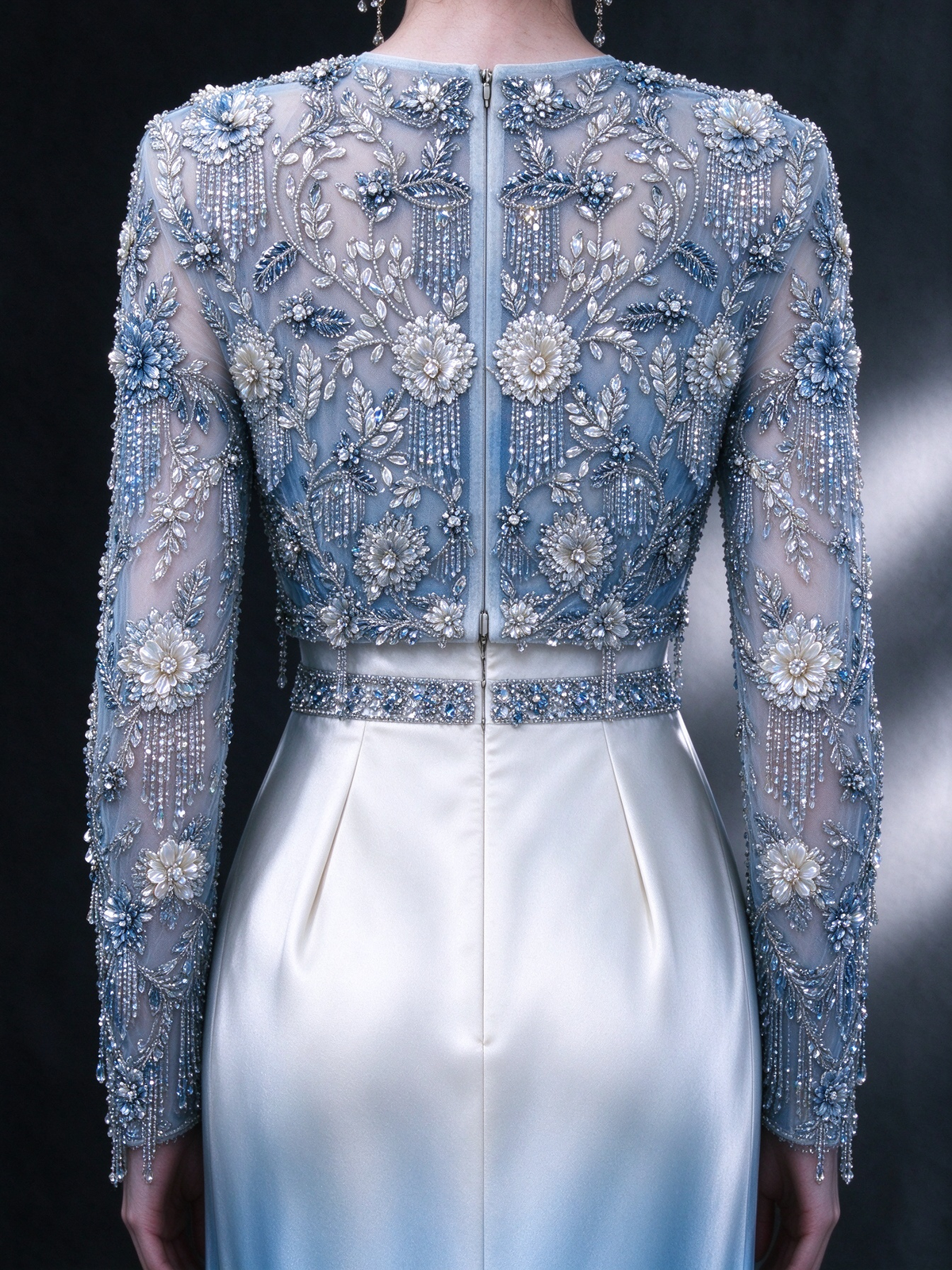 Ombré Blue Long Sleeve Sheer Tulle Satin Mermaid Evening Gown With 3D Blue Floral Beading , fg9000