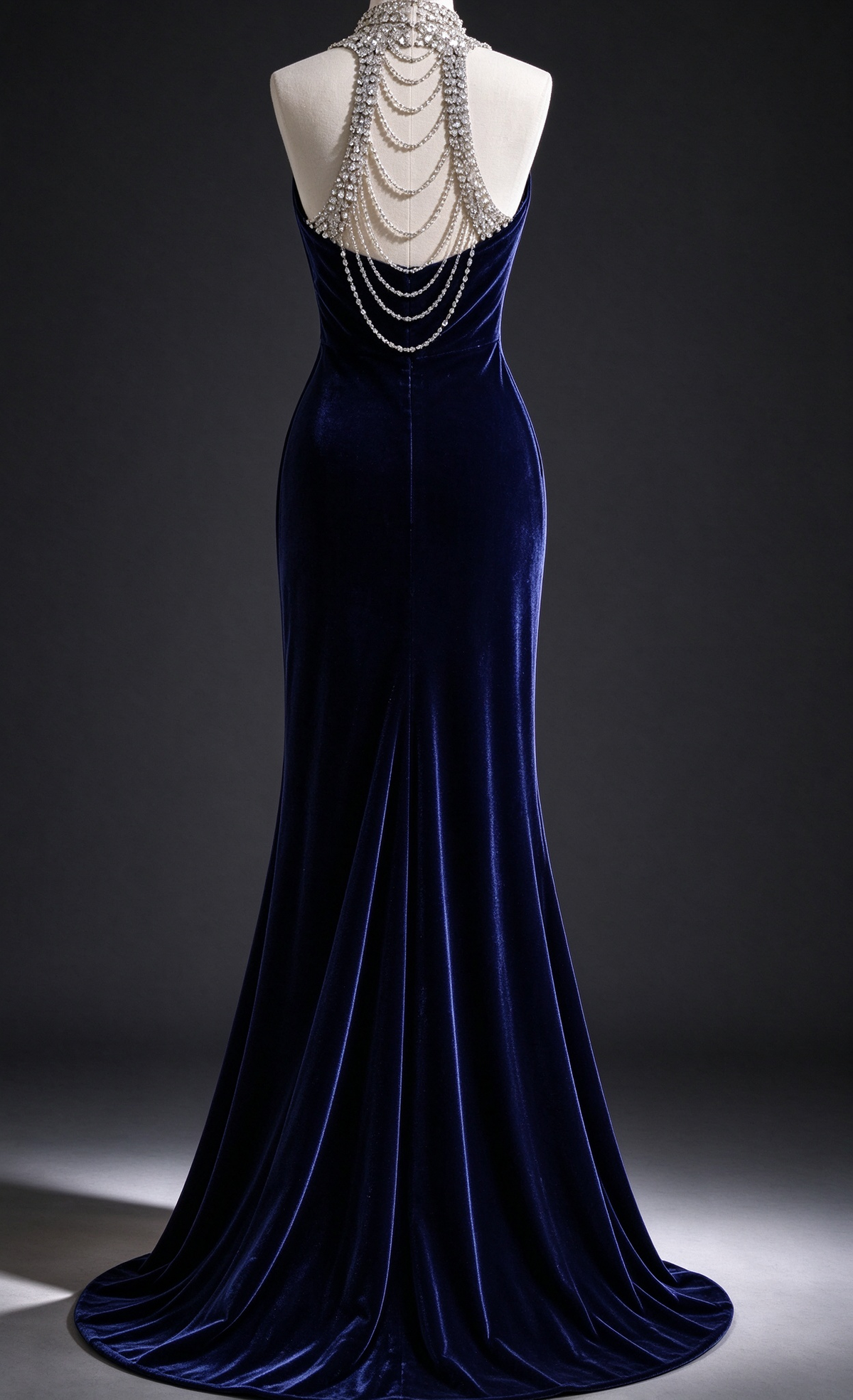 Navy Blue Velvet Mermaid Evening Gown fg8981
