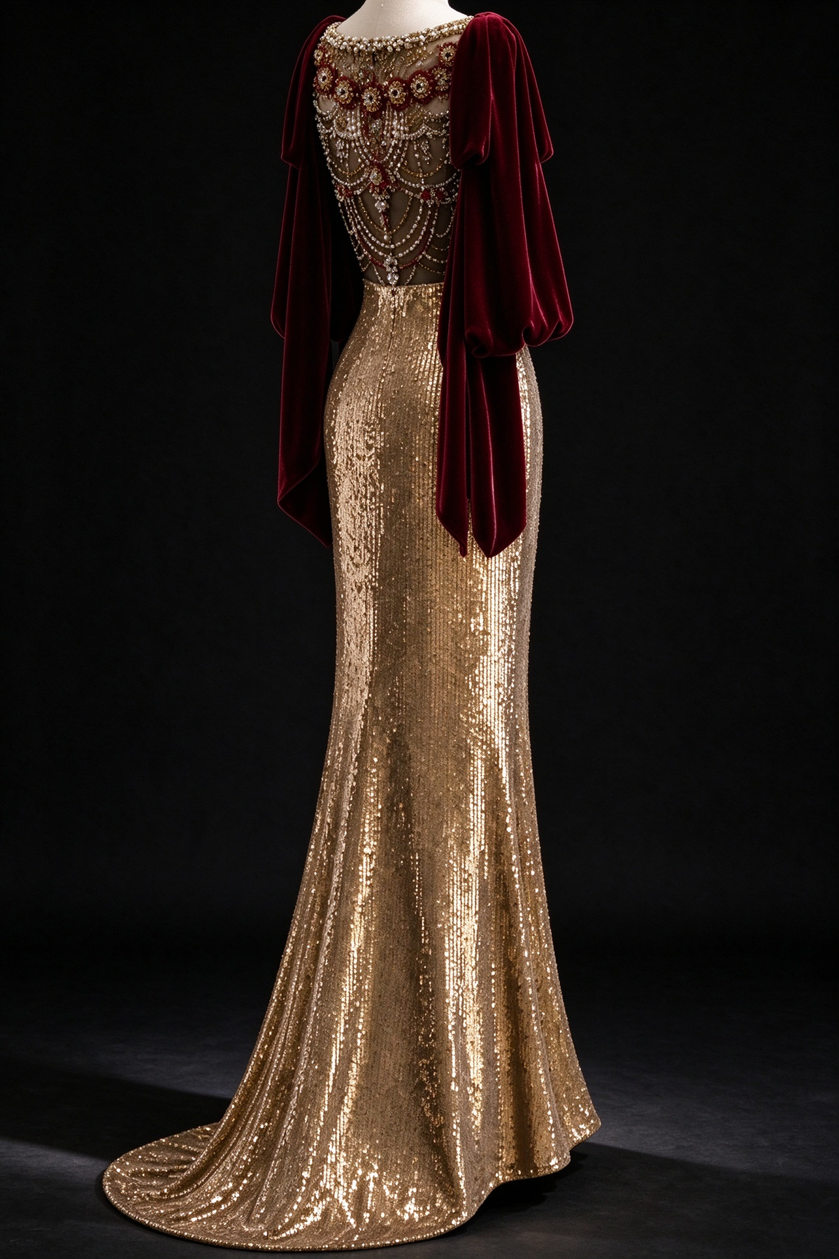 Gold Sequin Mermaid Evening Gown With Burgundy Velvet Cape Sleeves & Beaded Illusion Neckline fg8983