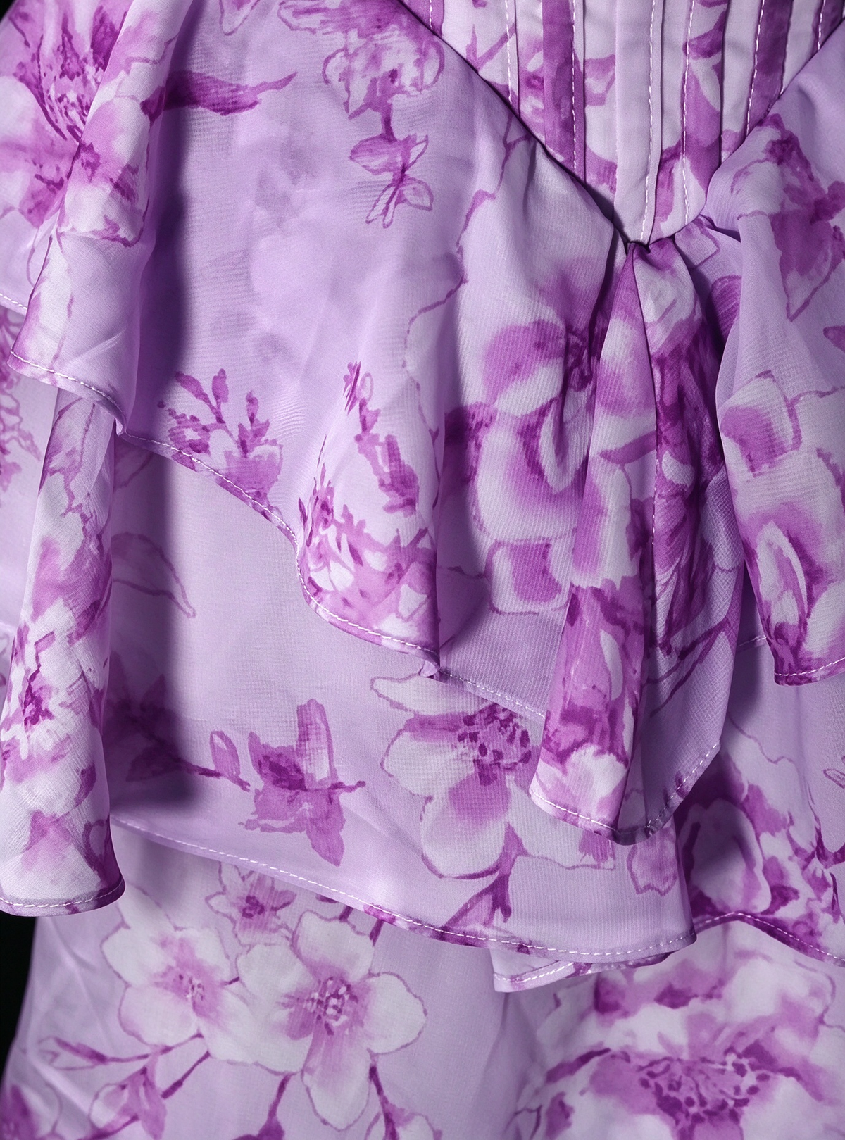 Strapless Lavender Floral Print Chiffon Tiered Evening Dress with Corset Bodice fg8941