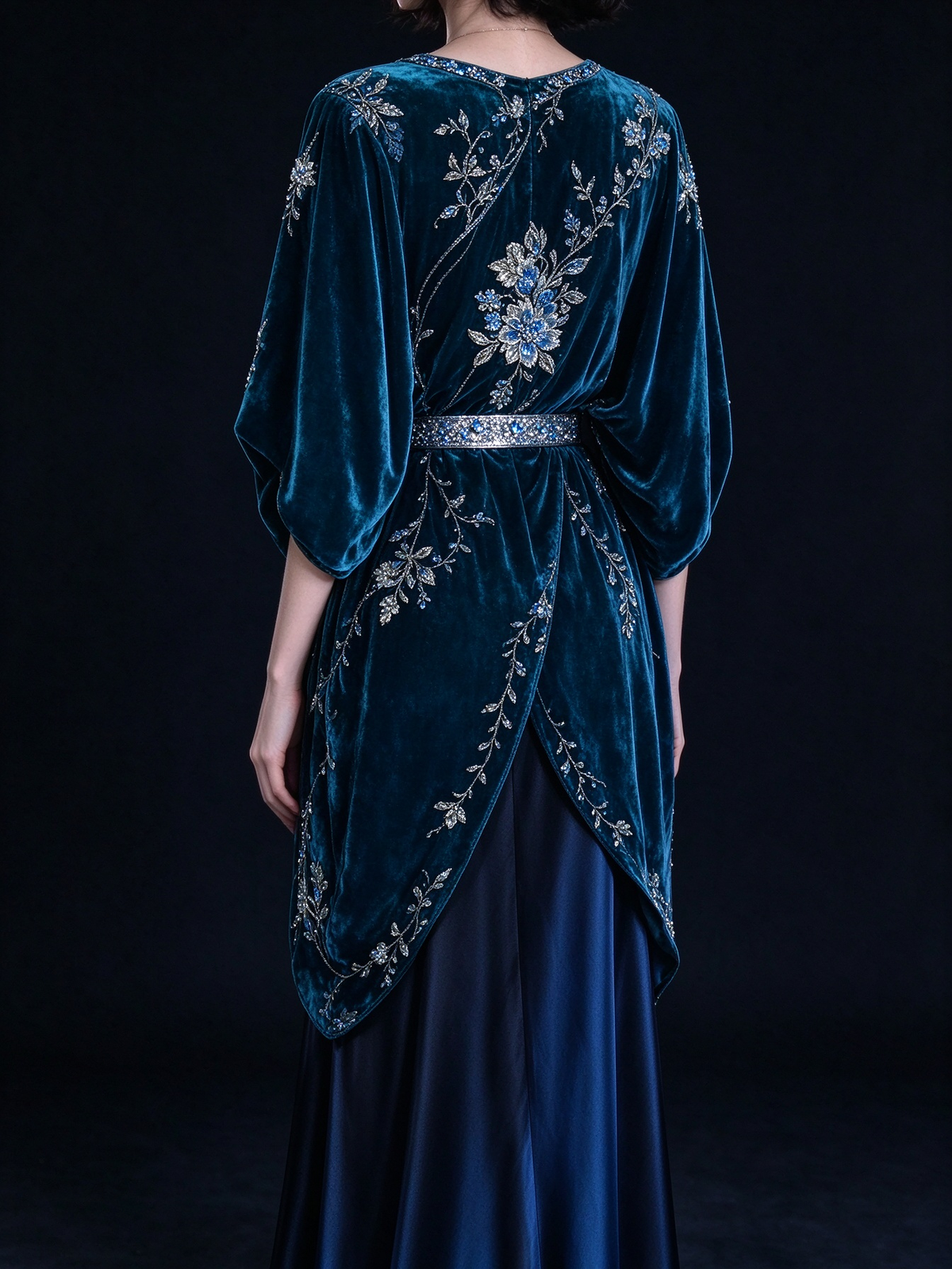 Peacock Blue Velvet Two-Piece Evening Gown, V-Neck Batwing Sleeve Top With Beaded Floral Embroidery, fg9002