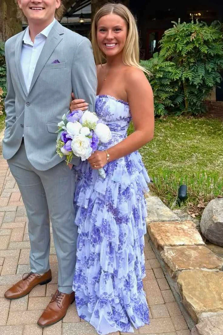 A-Linie, trägerlos, Empire-Taille, mehrlagiges Print, ärmelloses Ballkleid fg8302