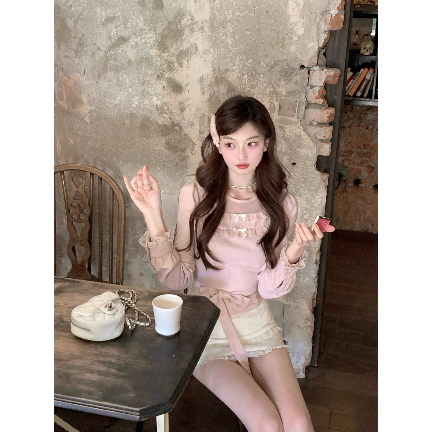 Pink lace long-sleeved shirt A77