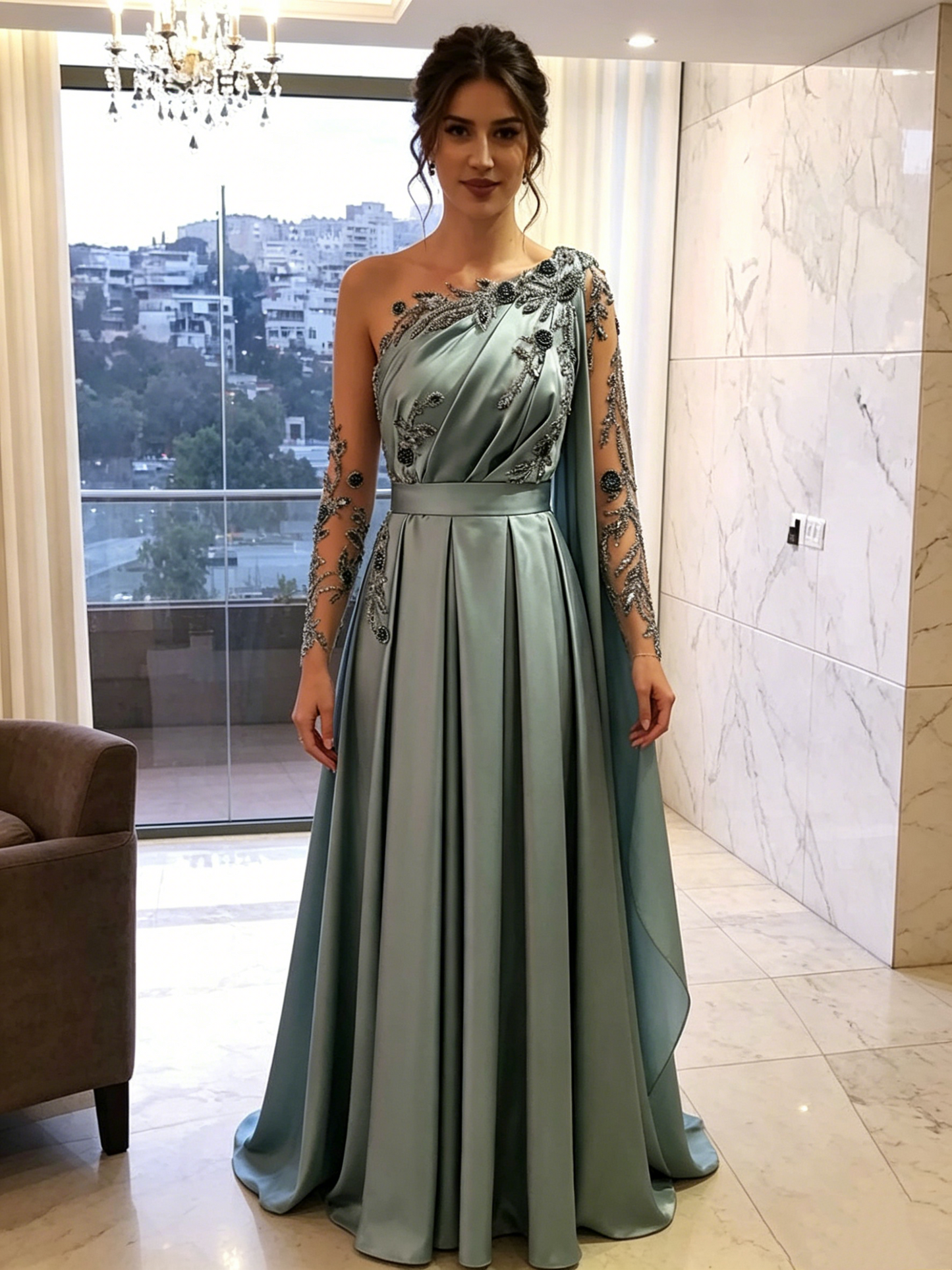 Evening Dresses One Shoulder Full Length Satin A Line Long Sleeves Formal Party Dress Prom Gown fg6768