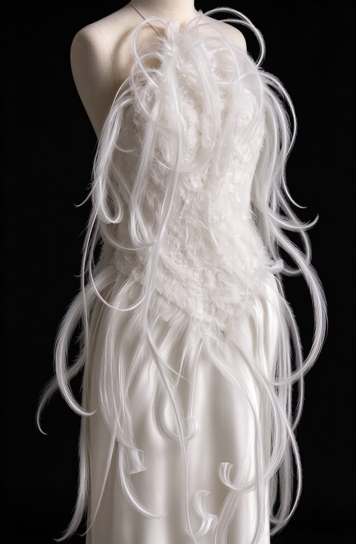 White Halter Satin Wedding Dress With Feather Embellishment & Deep V Back fg8986