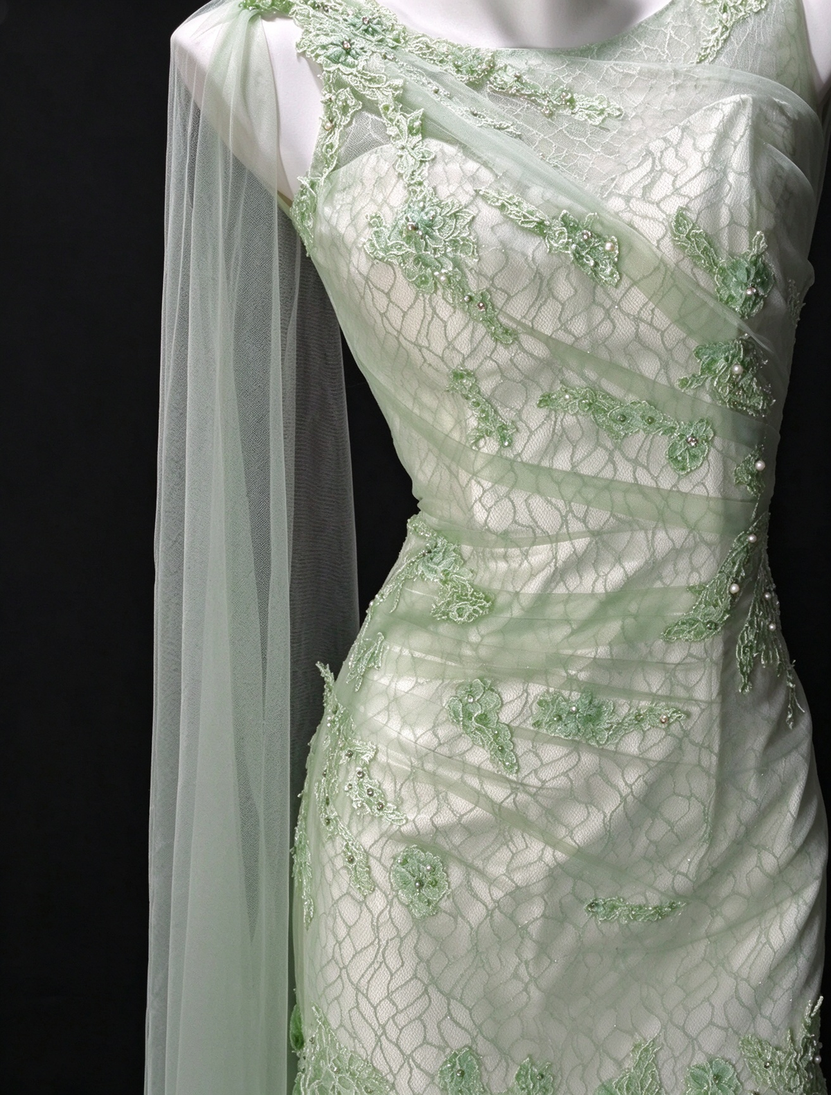 Sage Green Lace Appliqué Mermaid Tulle Evening Dress with Draped Tulle Sash & Deep V Back fg8944