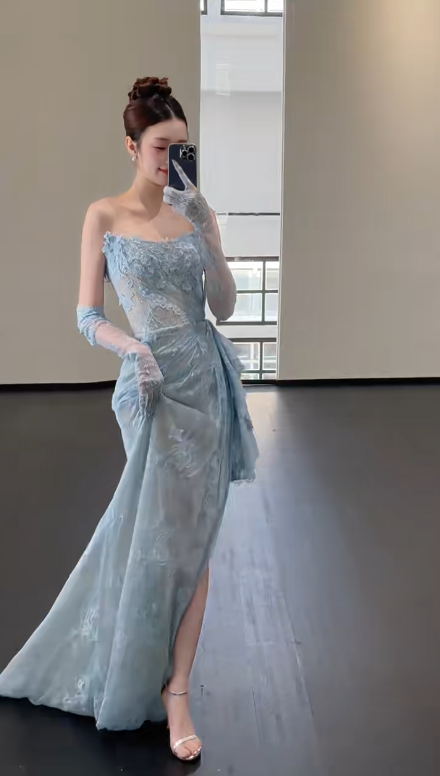 Blue Lace Mermaid Long Prom Dress Sexy Evening Dresses With Side Split fg7665