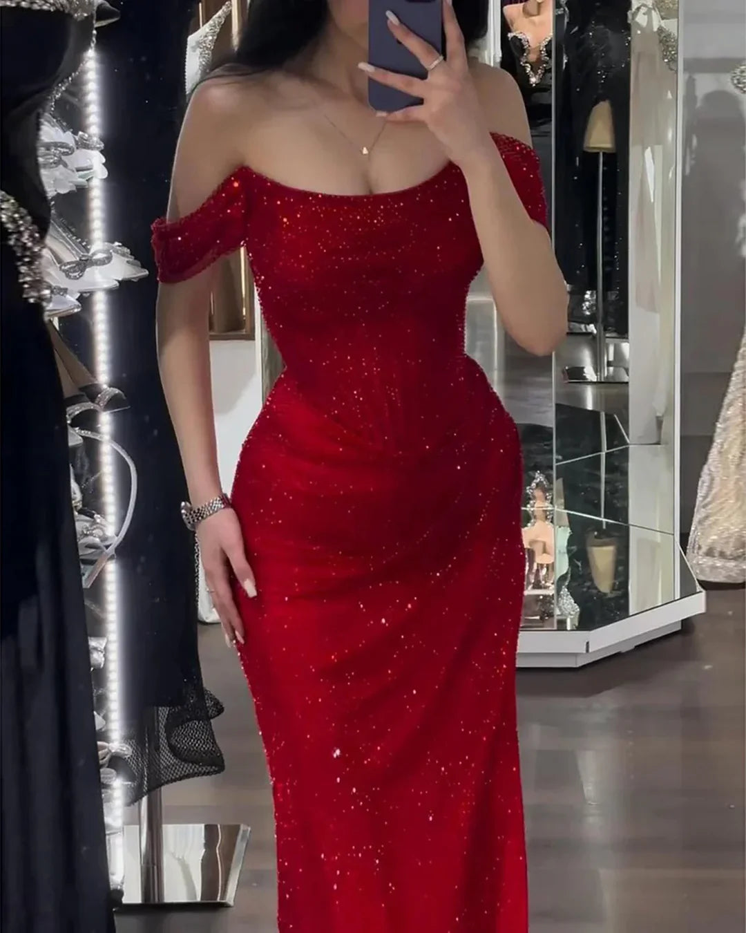 Meerjungfrau-Kleid, schulterfrei, lang, rot, Ballkleid fg5943
