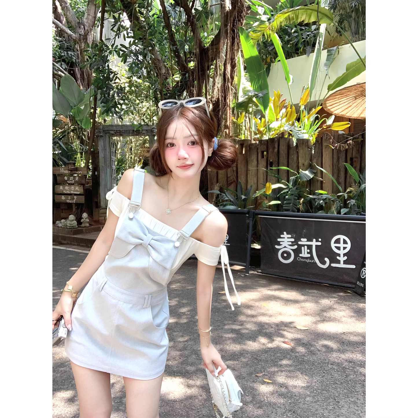 Light denim overall dress set, pure and innocent style A116