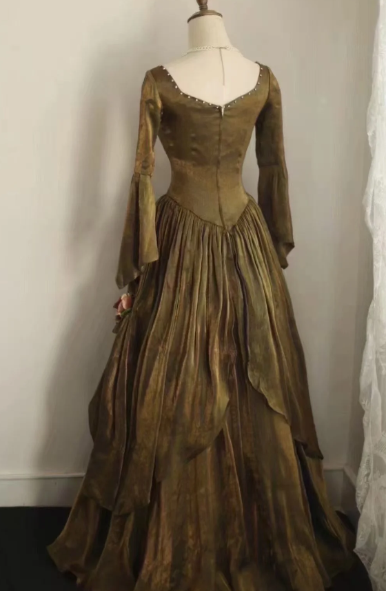 Robe de soirée en velours vert à manches longues, style rétro et élégant, fg8341