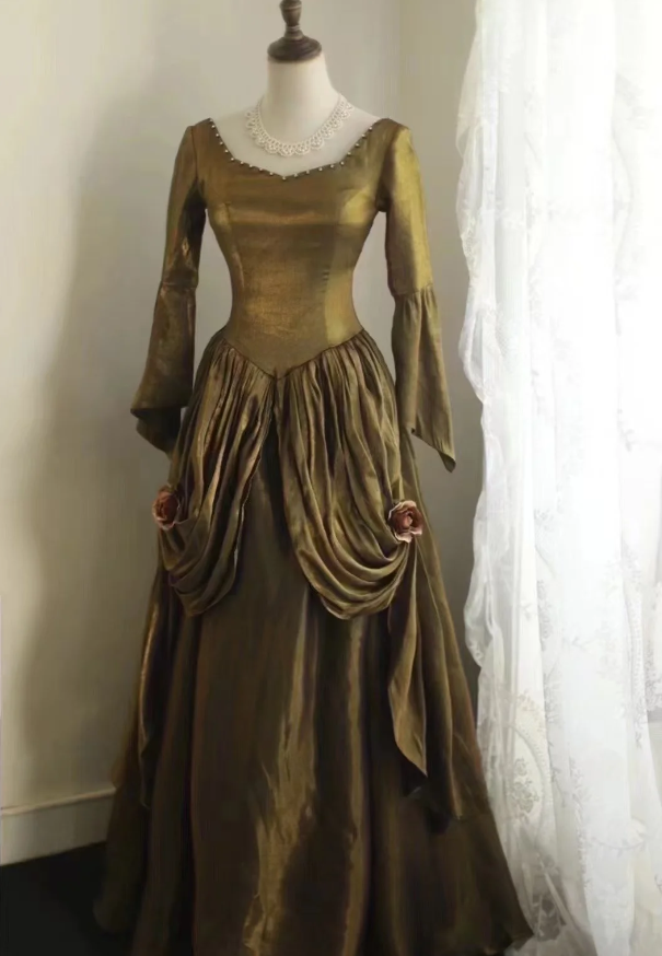 Robe de soirée en velours vert à manches longues, style rétro et élégant, fg8341